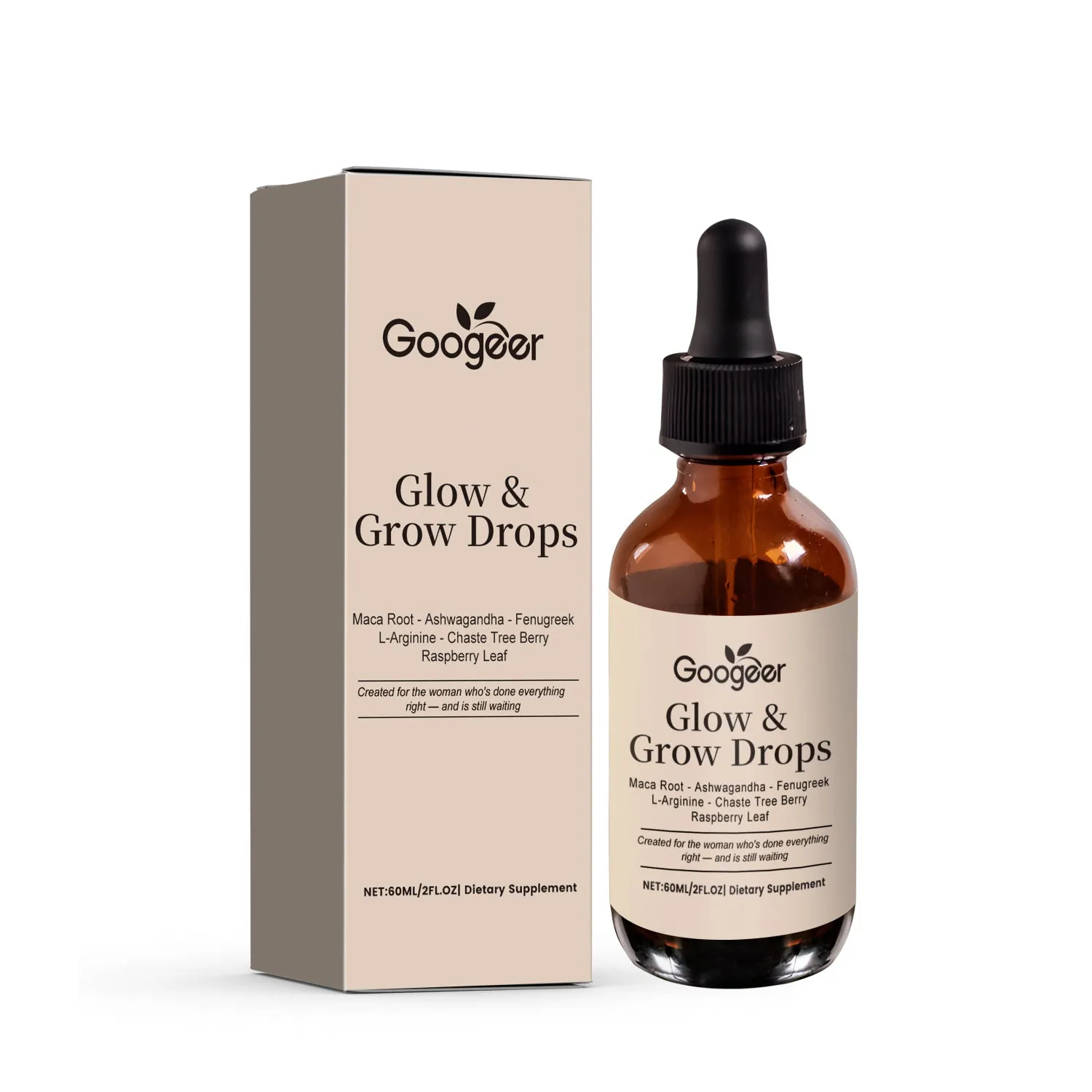 60ml bottle of Female Estrogen Balance Drops dietary supplement with dropper, containing vitamins and herbal extracts