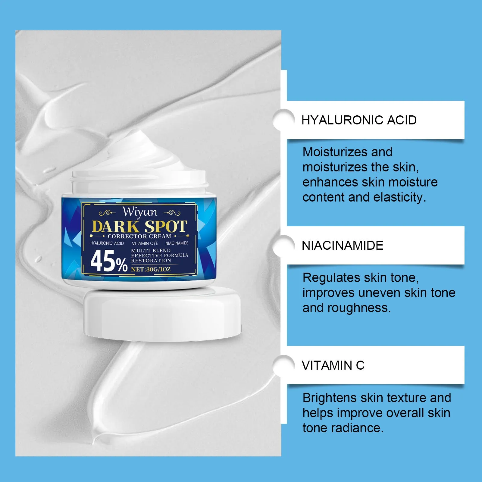 30g tube of dark spot corrector cream with Vitamin C and Hyaluronic Acid on a white background