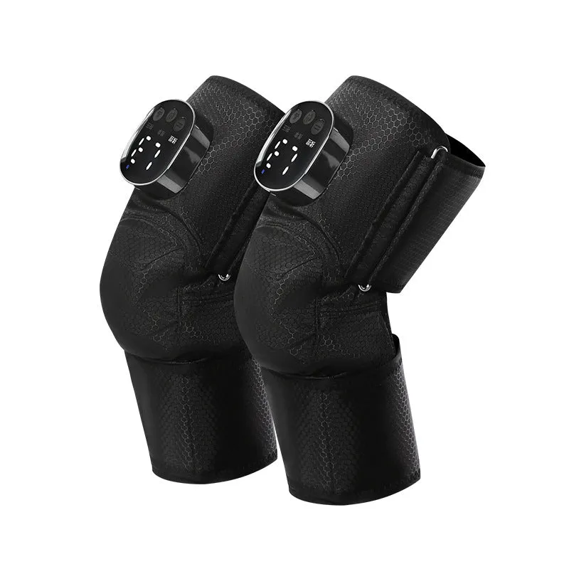 Black electric heating kneepad with USB cable, showing double support design for knee joint massage