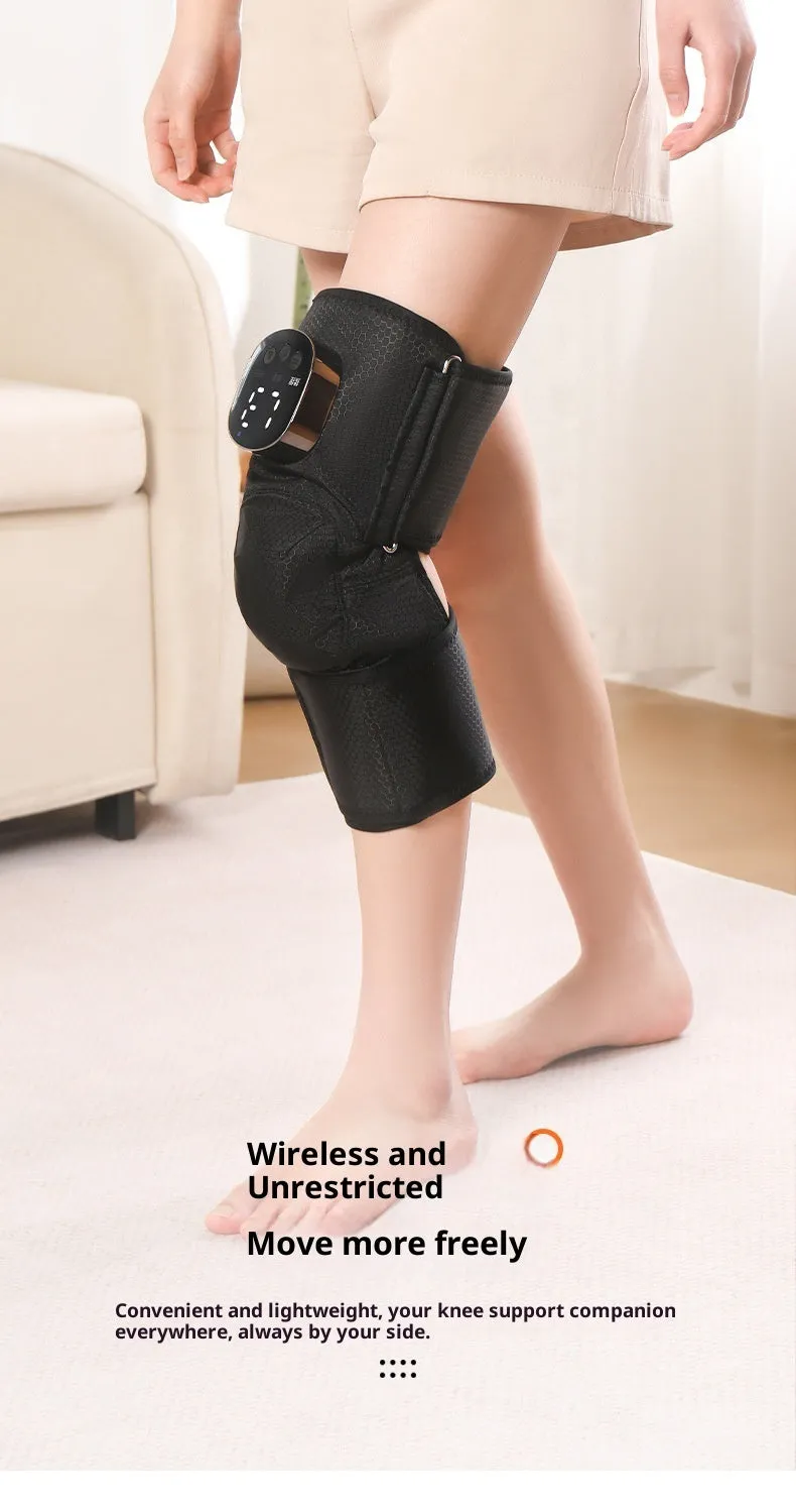 Black electric heating kneepad with USB cable, showing double support design for knee joint massage
