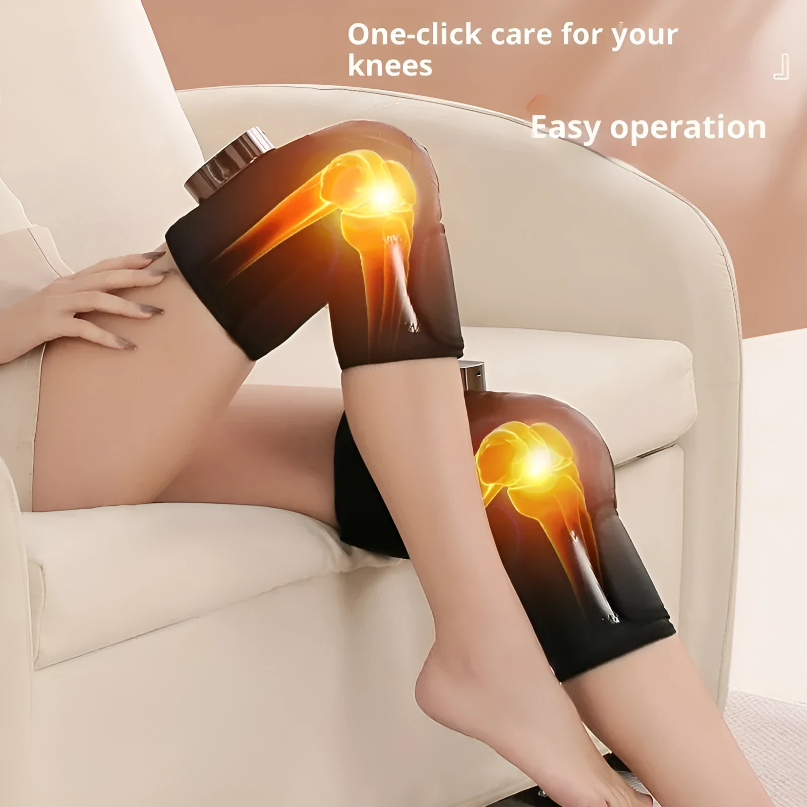 Black electric heating kneepad with USB cable, showing double support design for knee joint massage