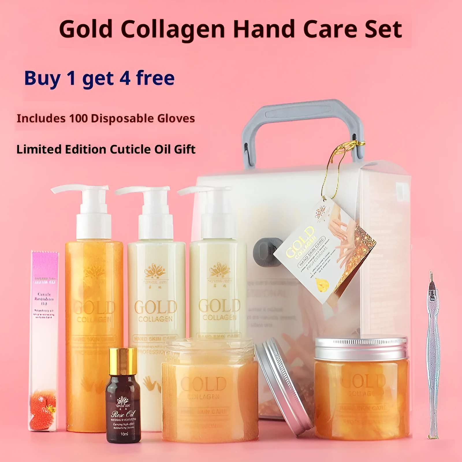 Gold Collagen Hand Care Set Standard Specification with six products and rose essential oil