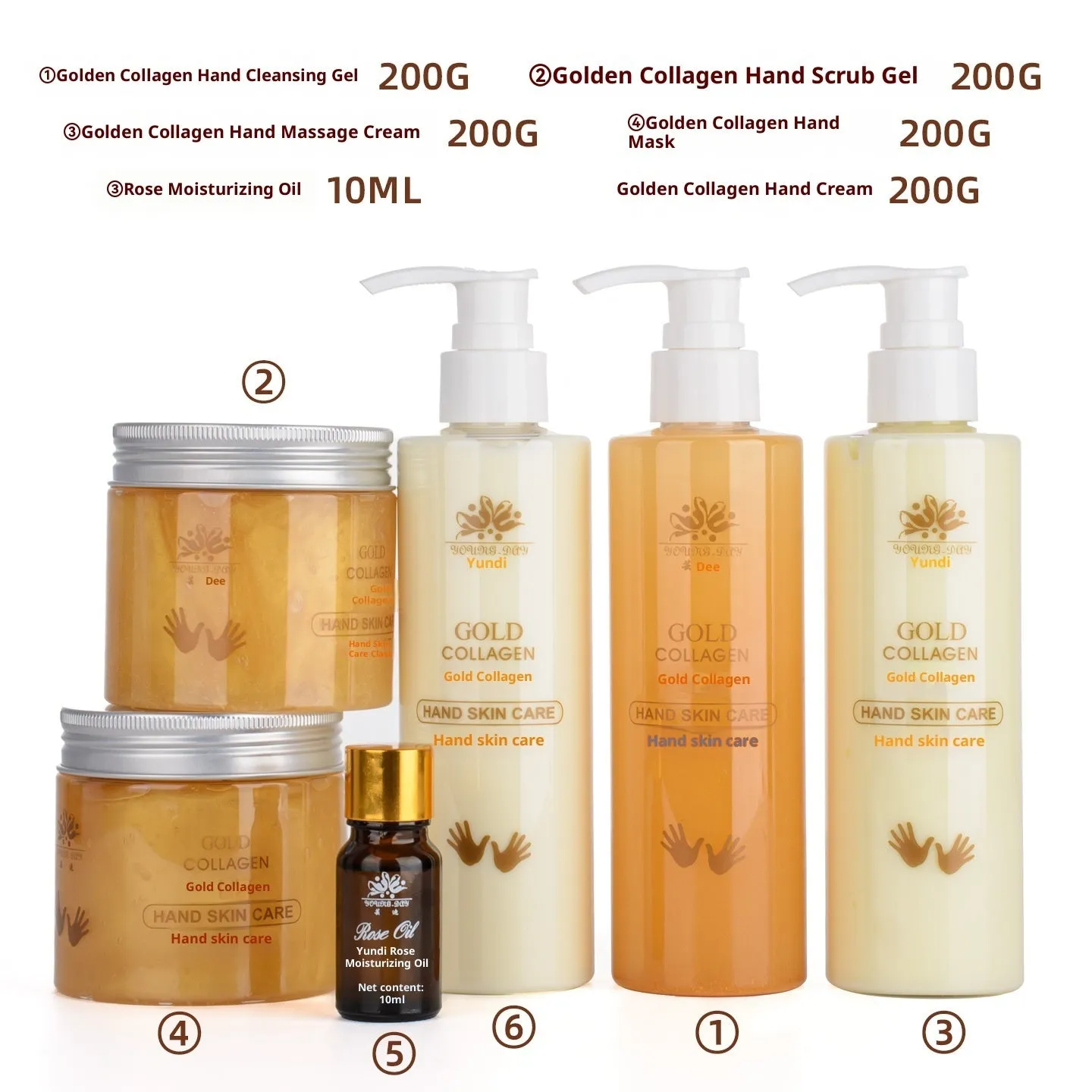 Gold Collagen Hand Care Set Standard Specification with six products and rose essential oil