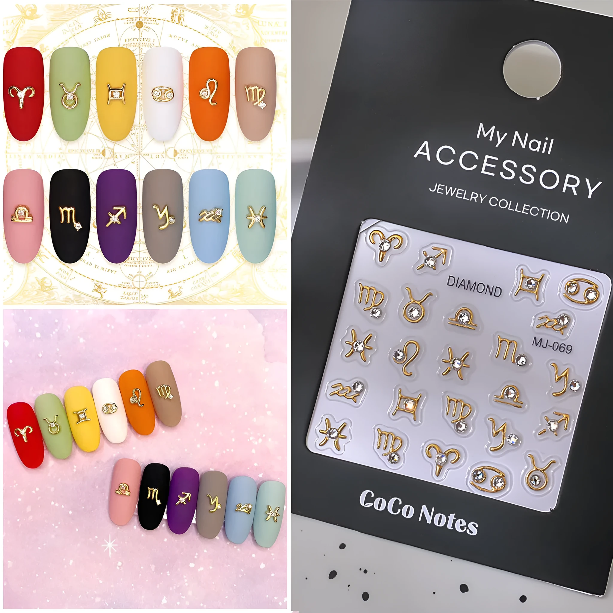 Constellation high-grade exquisite adhesive relief nail sticker with ultra-thin seamless design, embossed pattern, flashing icy finish, MJ069 Gilding