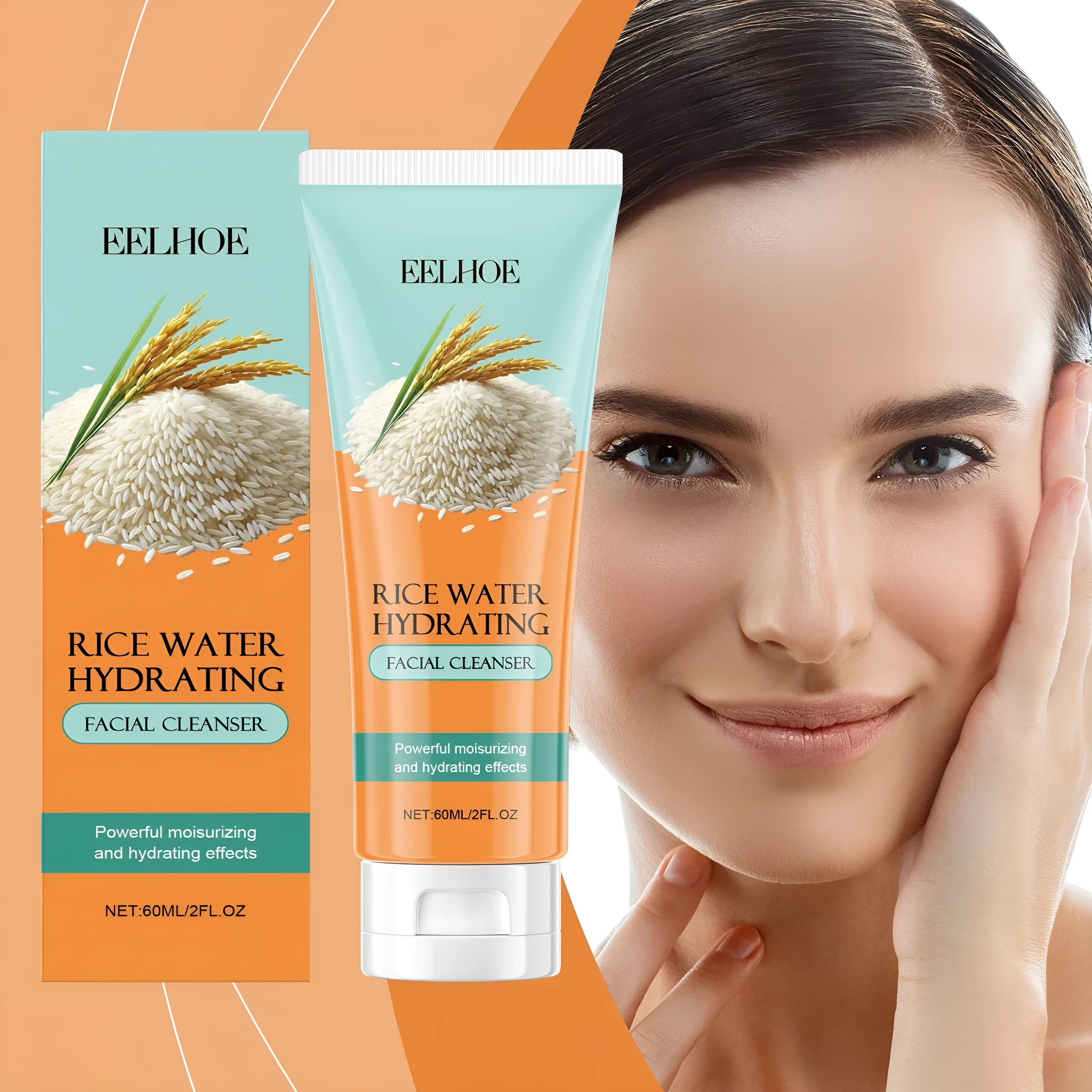 60ml white tube rice facial cleanser with moisturising ingredients on a plain background