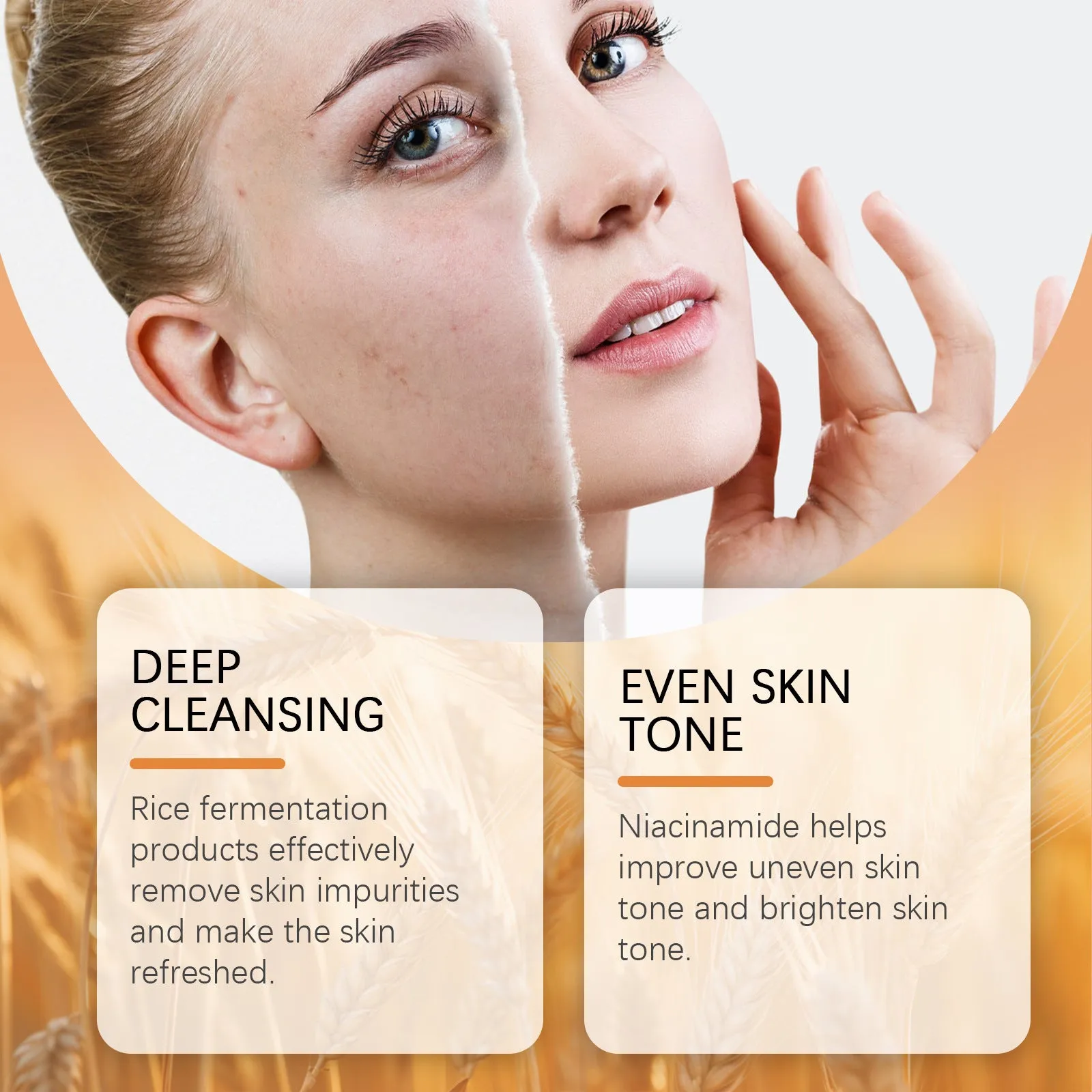 60ml white tube rice facial cleanser with moisturising ingredients on a plain background