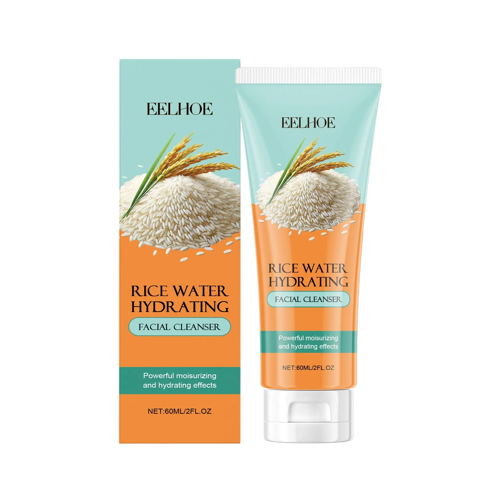 60ml white tube rice facial cleanser with moisturising ingredients on a plain background