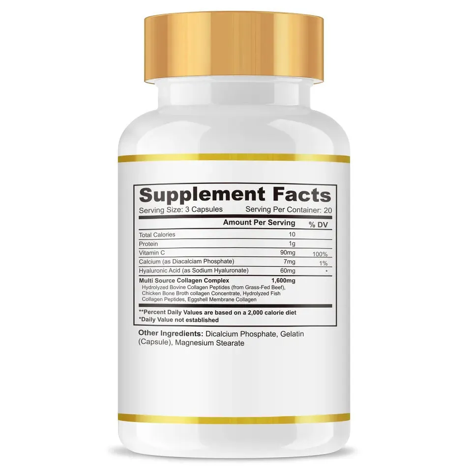 Collagen capsule supplement 60 tablets in bottle packaging for adult use