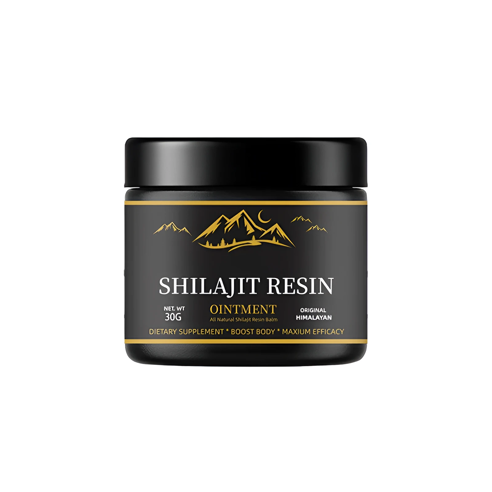 30g jar of pure Himalayan Shilajit resin with wooden measuring spoon on white background