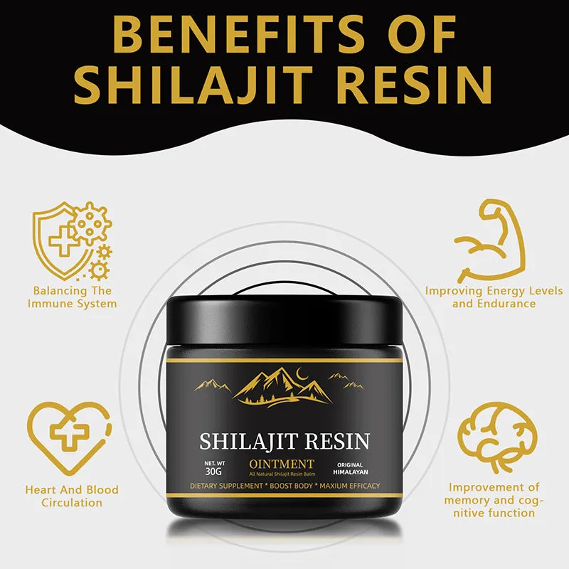 30g jar of pure Himalayan Shilajit resin with wooden measuring spoon on white background