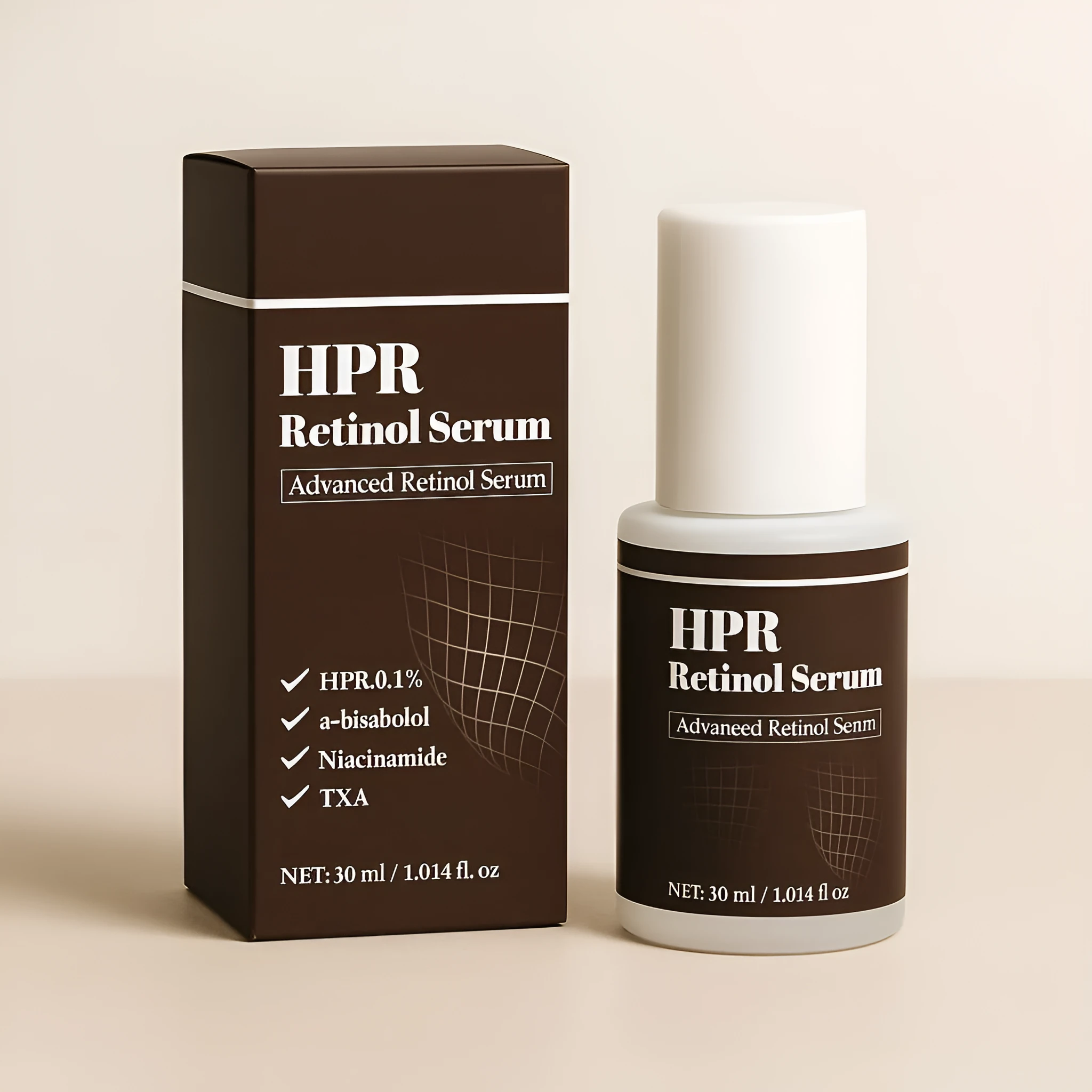 Retinol Solution 30ml anti-aging face serum bottle with FP-F066 specification label