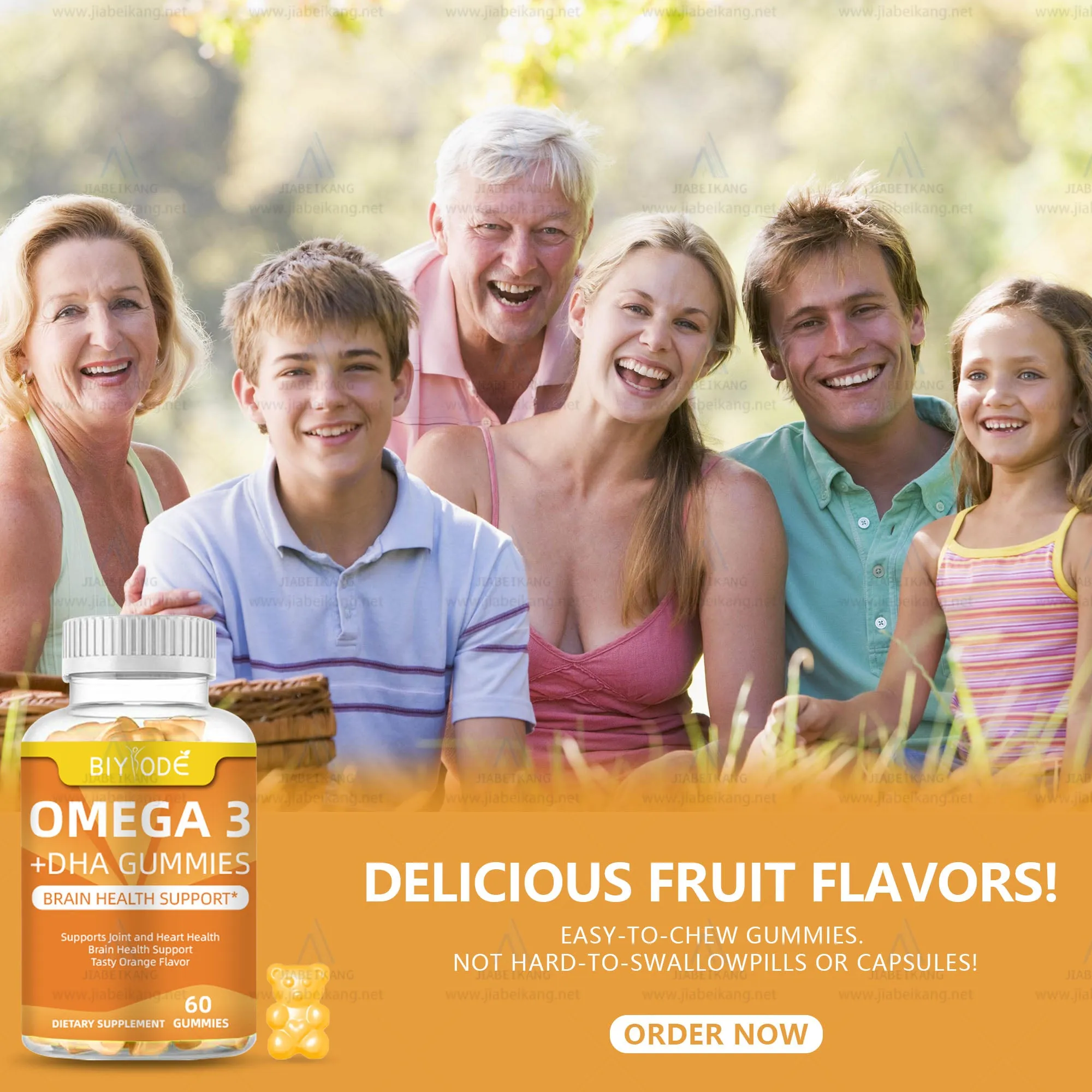 Bottle of 60 DHA algae oil gummies with custom label, plant-based omega-3 supplement