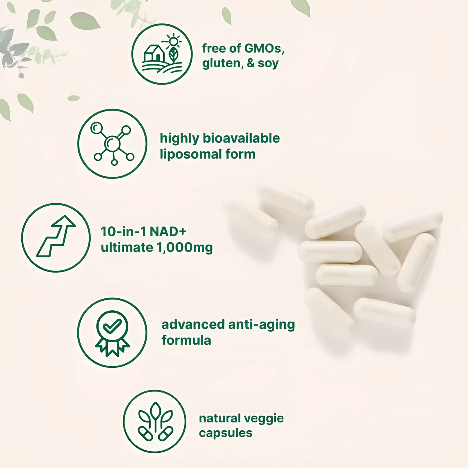 NAD capsules bottle with 60 nicotinamide riboside tablets for cellular energy support