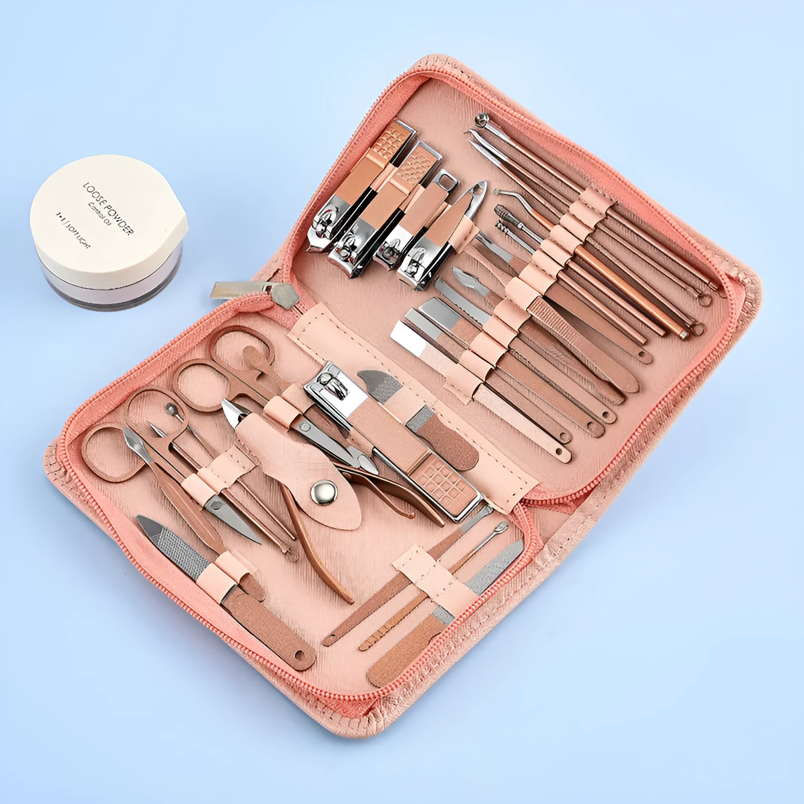 30-piece stainless steel nail clipper tool set in Rose Gold colour with pliers and assorted grooming tools