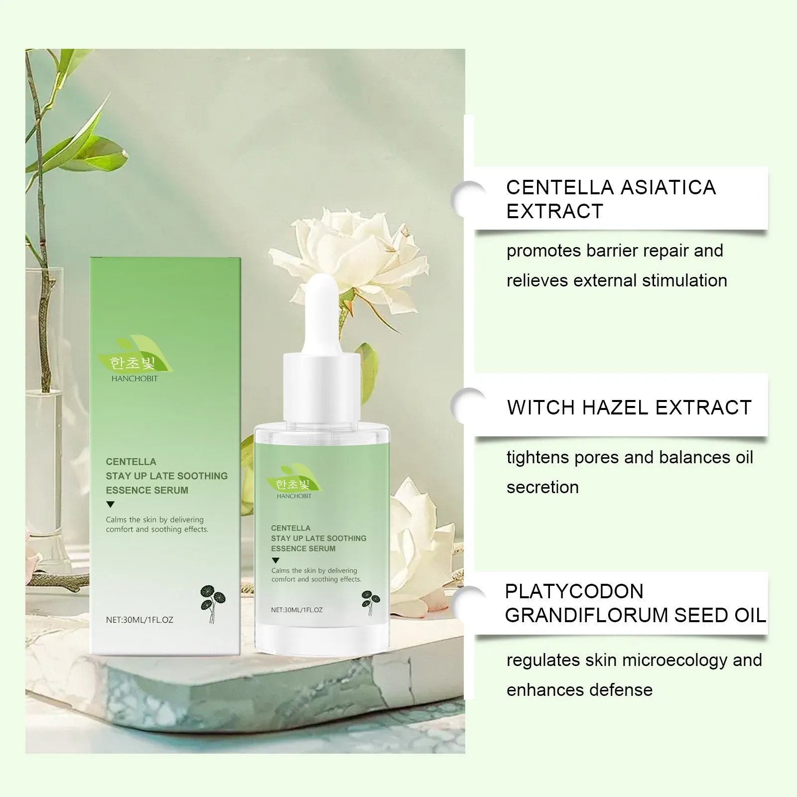 30 ml bottle of Centella Asiatica Soothing Liquid for skincare with botanical extracts.