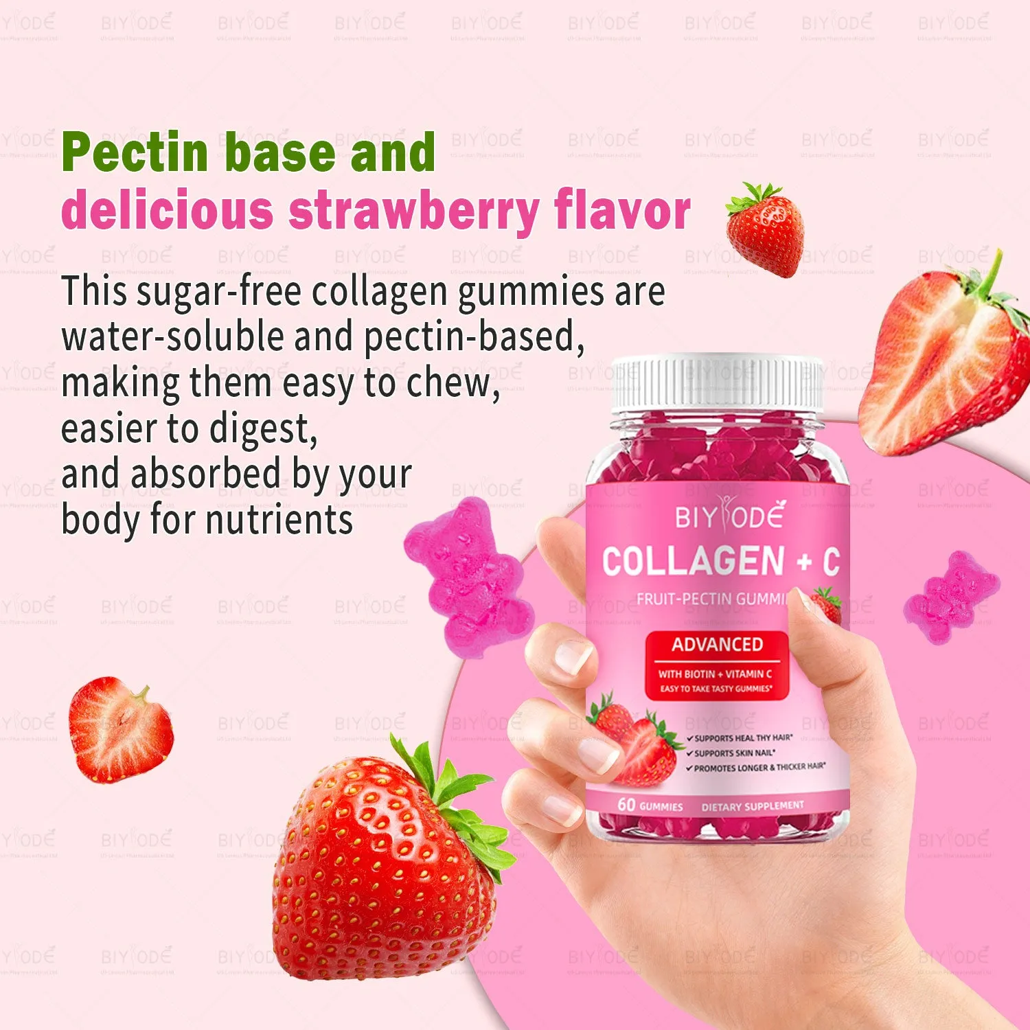 Collagen and vitamin C fruit pectin gummies in a bottle, 60 count, for skin hair nails health and whitening support