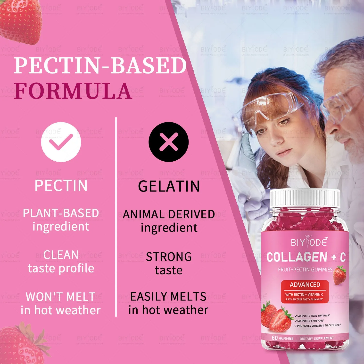 Collagen and vitamin C fruit pectin gummies in a bottle, 60 count, for skin hair nails health and whitening support
