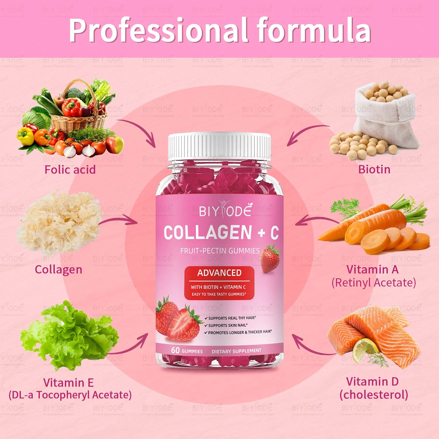 Collagen and vitamin C fruit pectin gummies in a bottle, 60 count, for skin hair nails health and whitening support