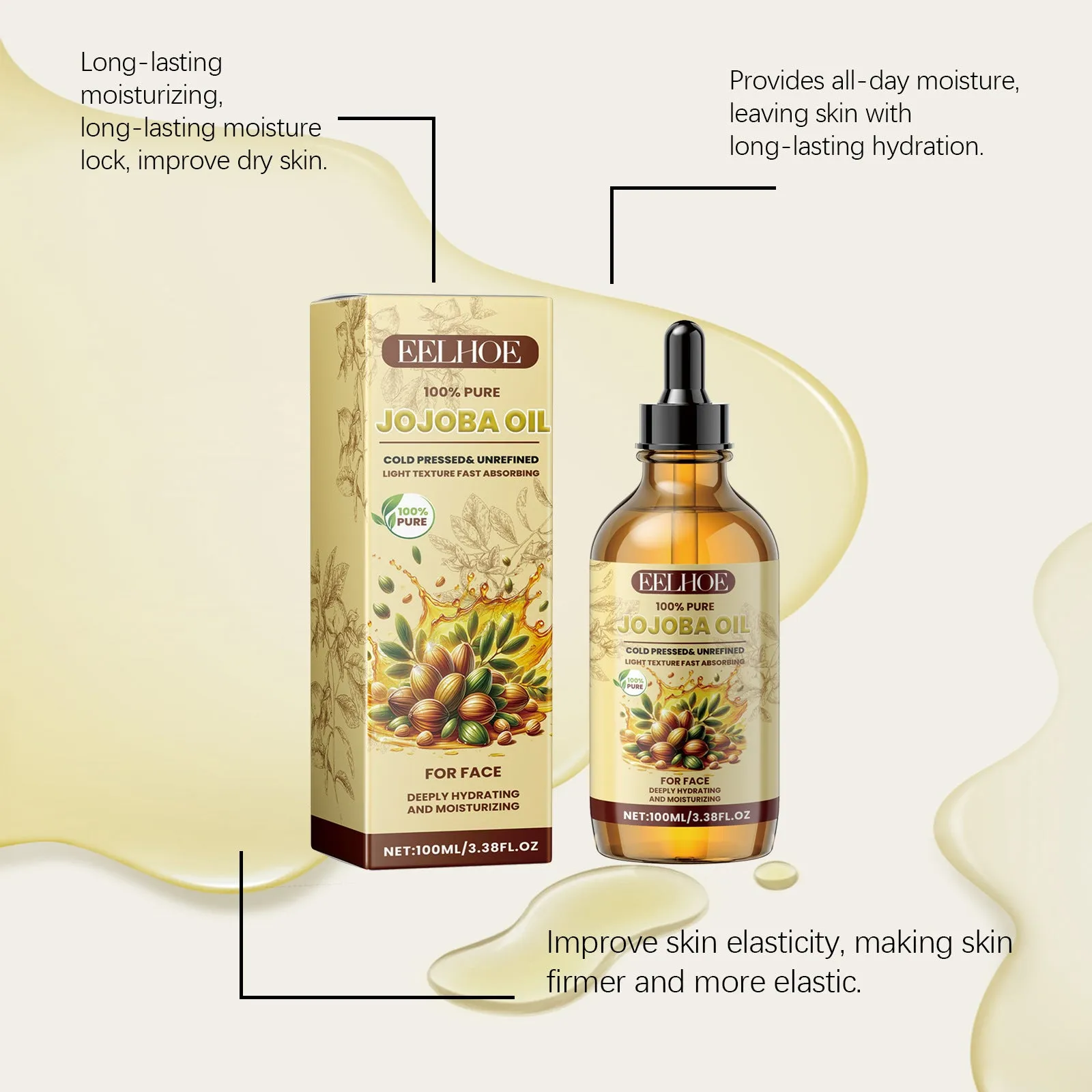 EELHOE Jojoba Face Oil in a 100ml bottle for moisturising brightening and firming skincare