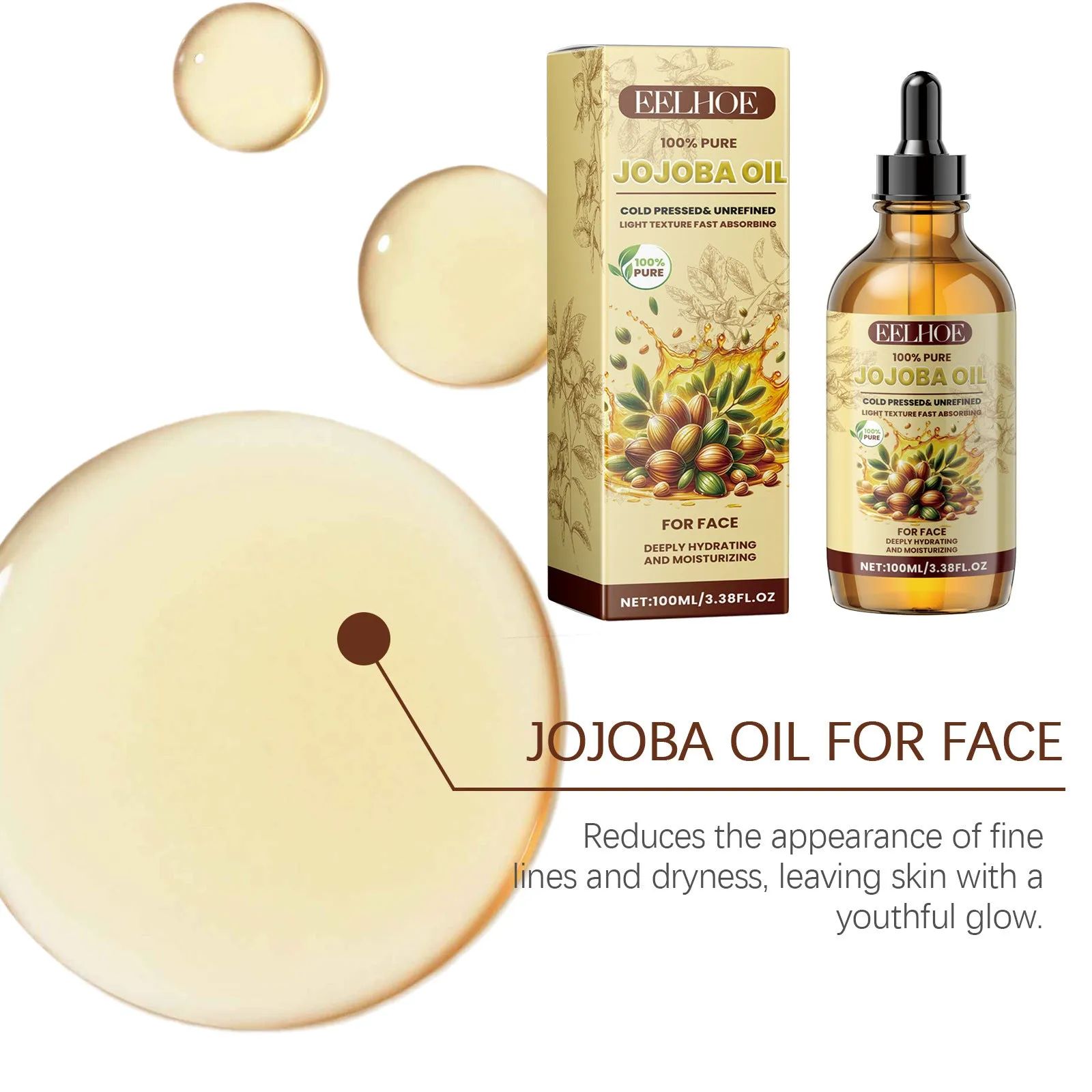 EELHOE Jojoba Face Oil in a 100ml bottle for moisturising brightening and firming skincare