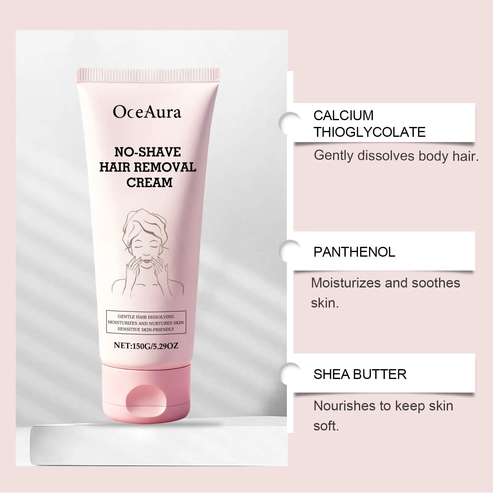 Tube of body depilatory cream 150g with gentle formula containing shea butter