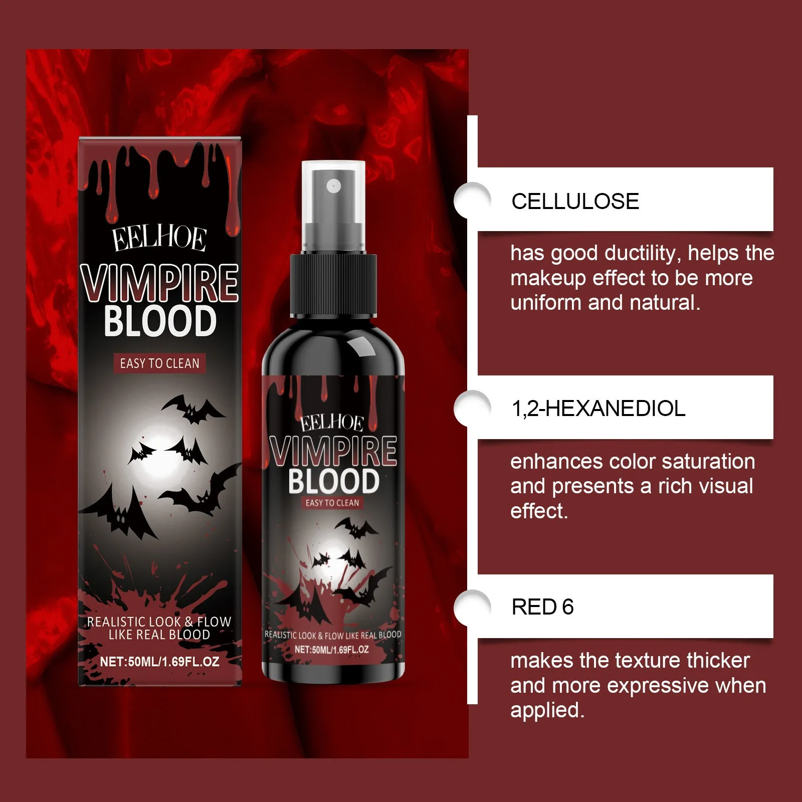 Halloween plasma spray 50ml bottle with red blood effect for costumes and stage makeup
