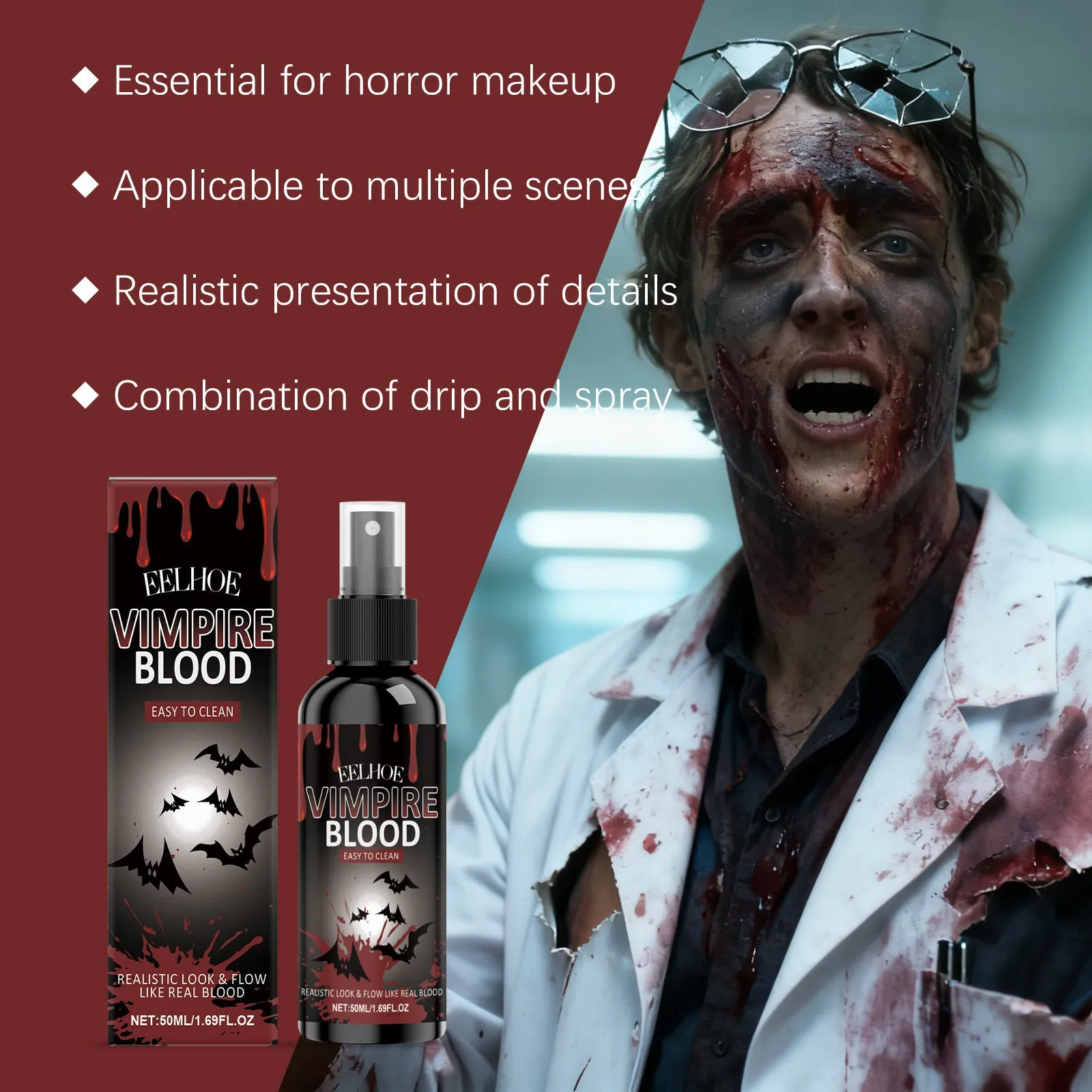 Halloween plasma spray 50ml bottle with red blood effect for costumes and stage makeup