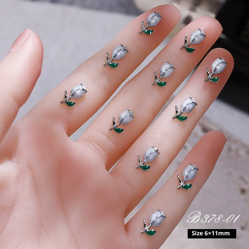 Three-dimensional tulip flower alloy nail decoration ornament in solid colour sweet style on fingertip