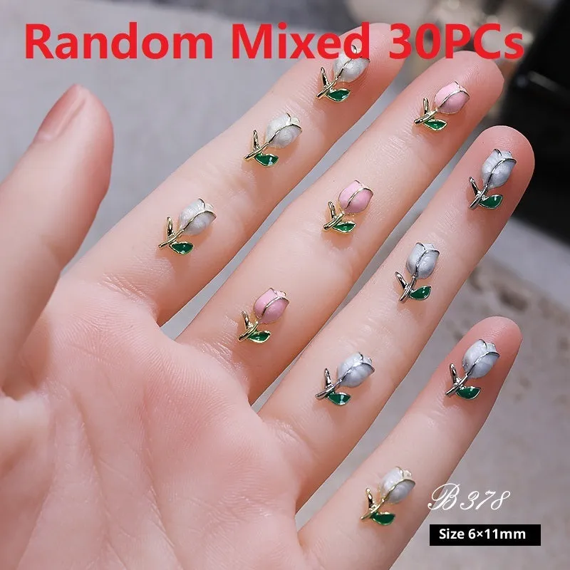 Three-dimensional tulip flower alloy nail decoration ornament in solid colour sweet style on fingertip