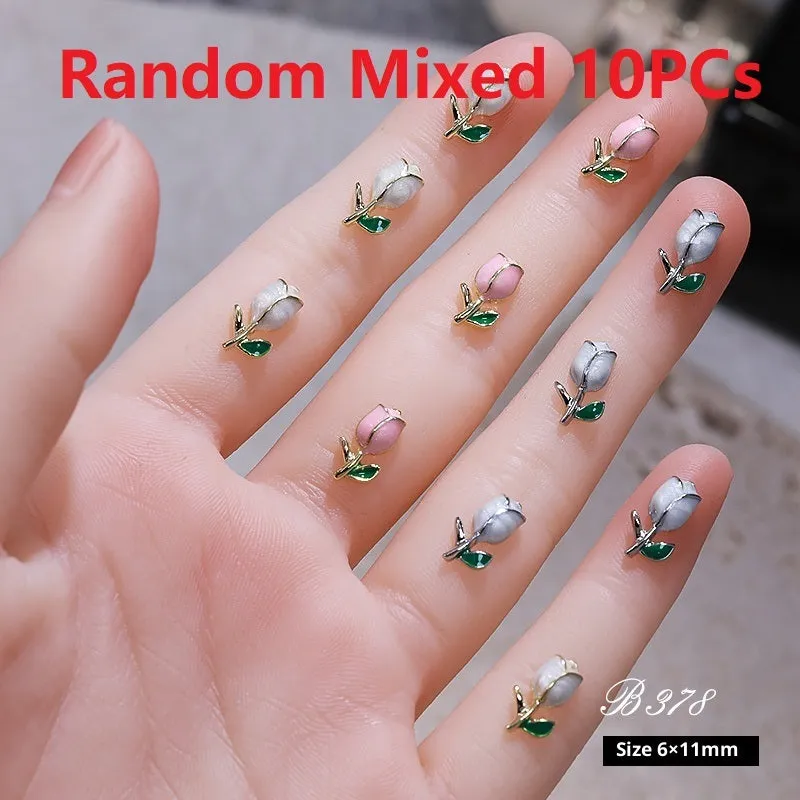 Three-dimensional tulip flower alloy nail decoration ornament in solid colour sweet style on fingertip