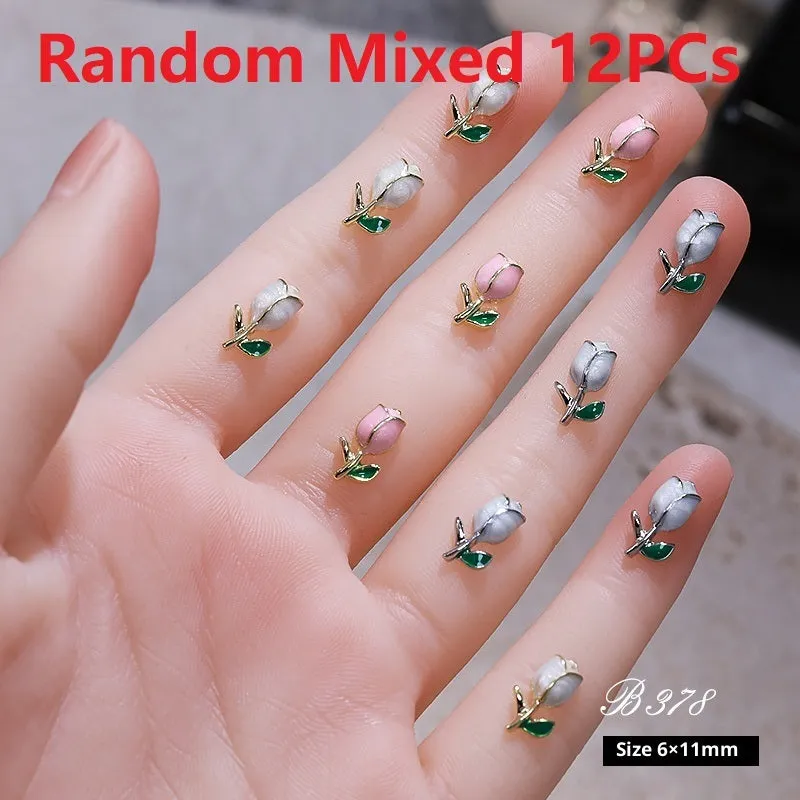 Three-dimensional tulip flower alloy nail decoration ornament in solid colour sweet style on fingertip