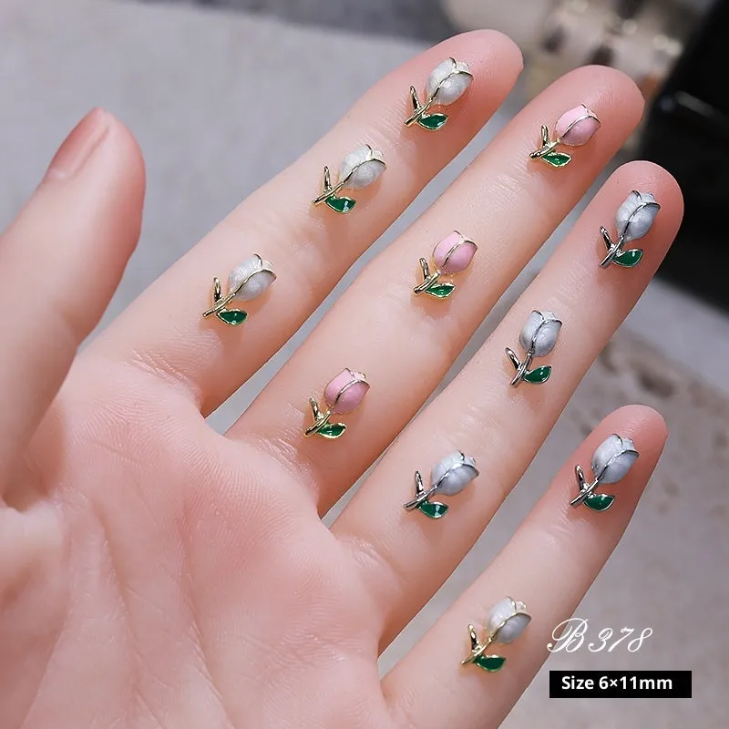 Three-dimensional tulip flower alloy nail decoration ornament in solid colour sweet style on fingertip
