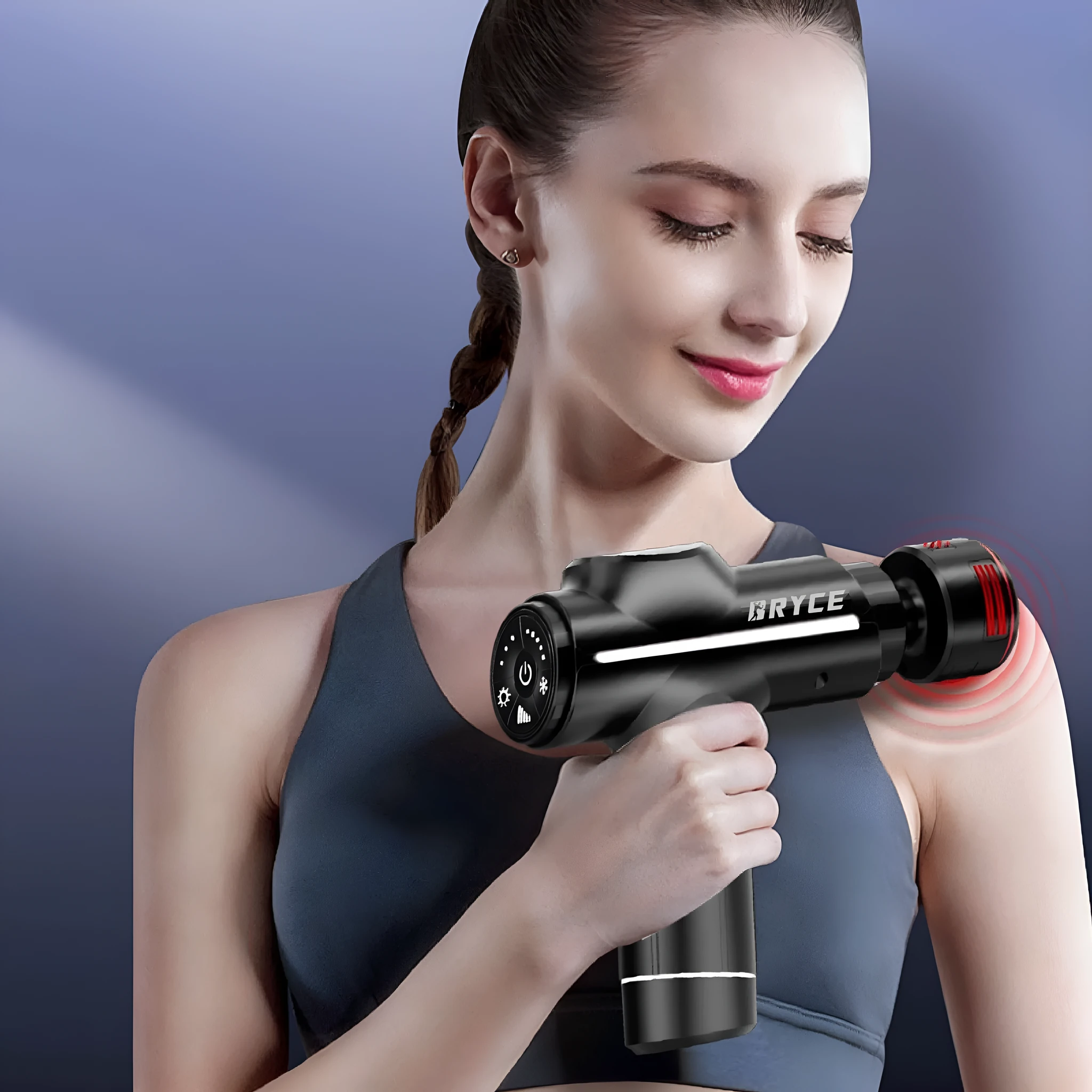 Black hot and cold massage gun with brushless motor, LED screen, dimensions 155x46x170mm