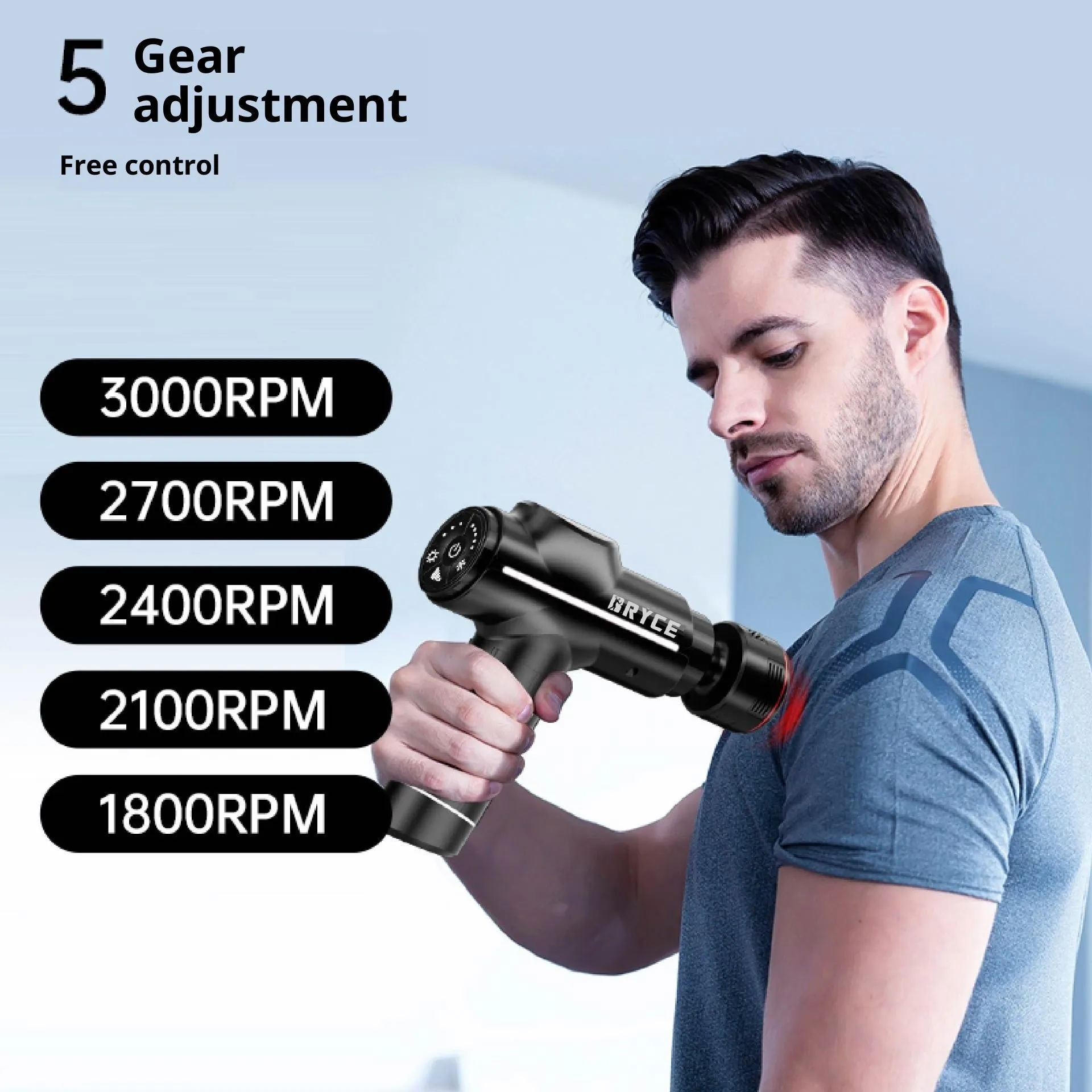 Black hot and cold massage gun with brushless motor, LED screen, dimensions 155x46x170mm