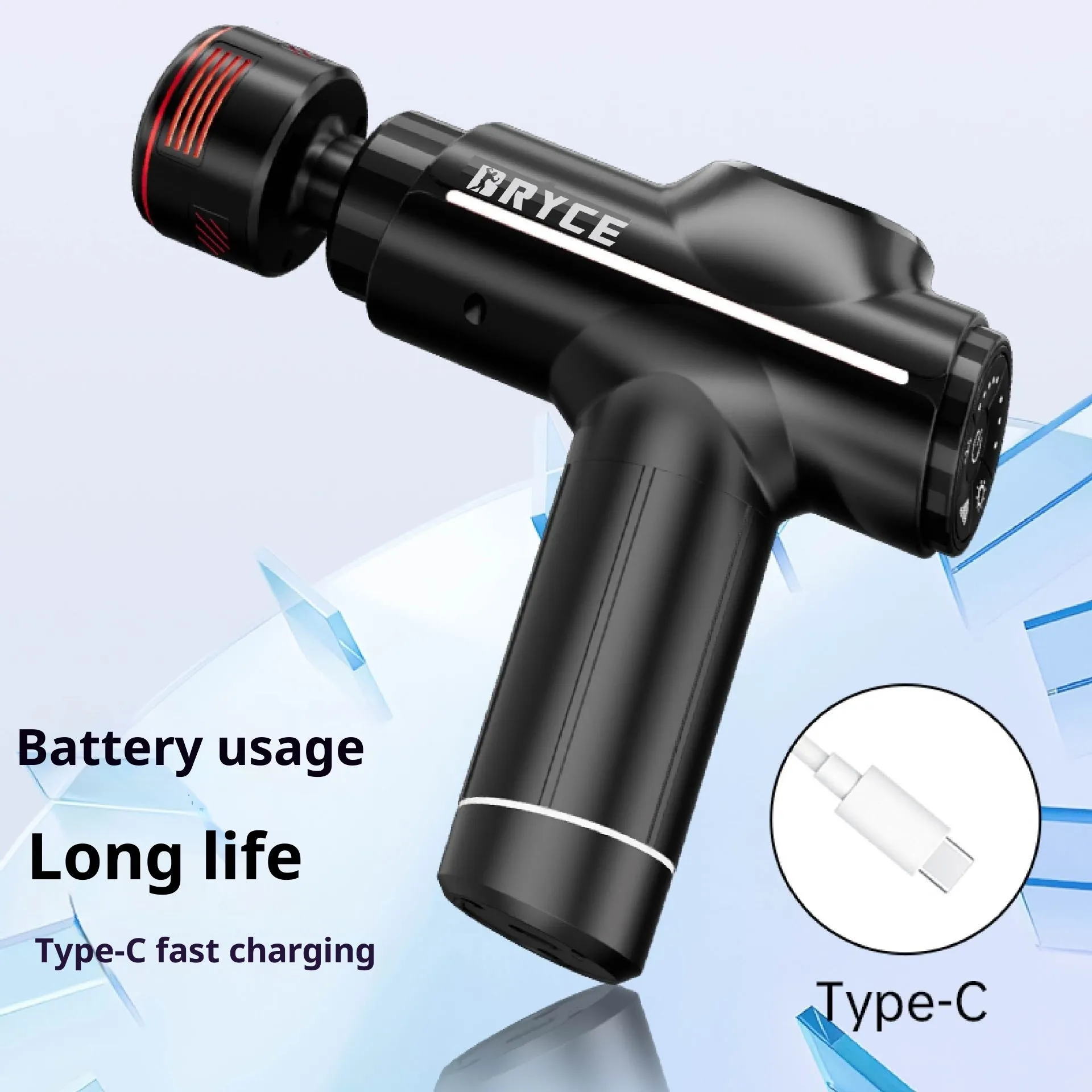 Black hot and cold massage gun with brushless motor, LED screen, dimensions 155x46x170mm