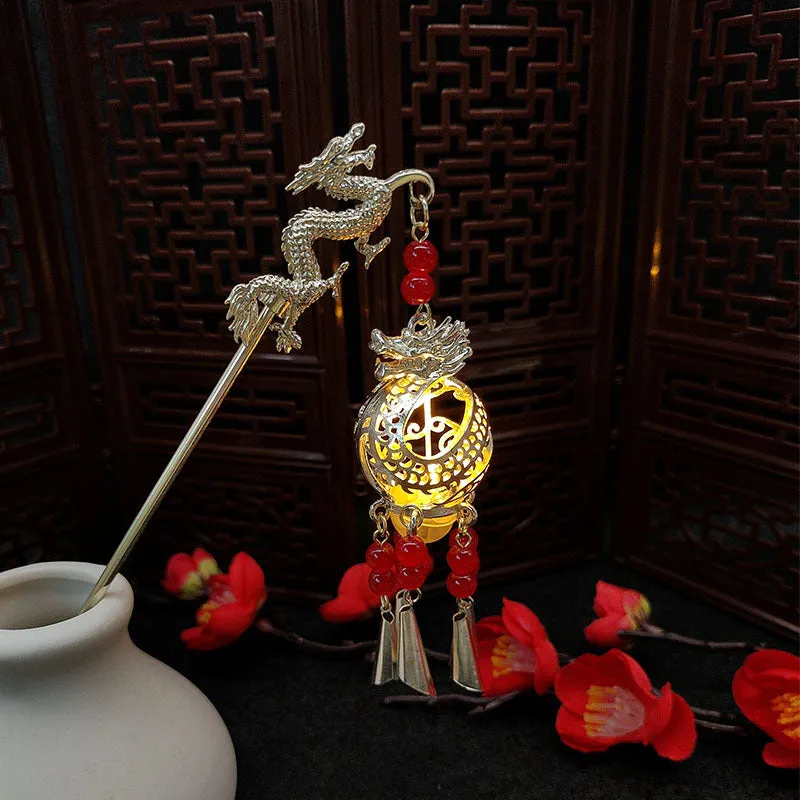 Dragon year luminous lantern hairpin with pearl finish and retro geometric design