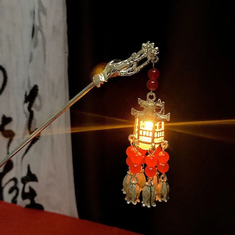 Ancient style light-emitting hairpin with dangling ornament in retro crown shape, electroplated alloy