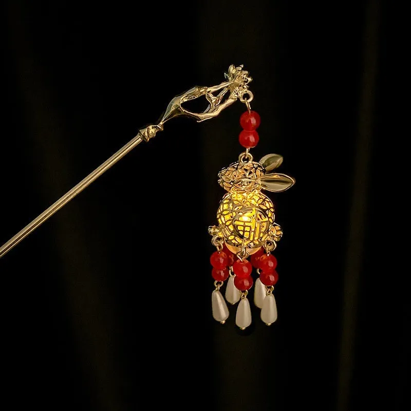Ancient style light-emitting hairpin with dangling ornament in retro crown shape, electroplated alloy