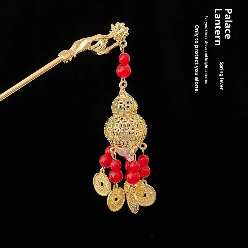Ancient style light-emitting hairpin with dangling ornament in retro crown shape, electroplated alloy