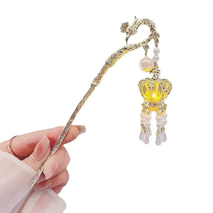 Ancient style light-emitting hairpin with dangling ornament in retro crown shape, electroplated alloy