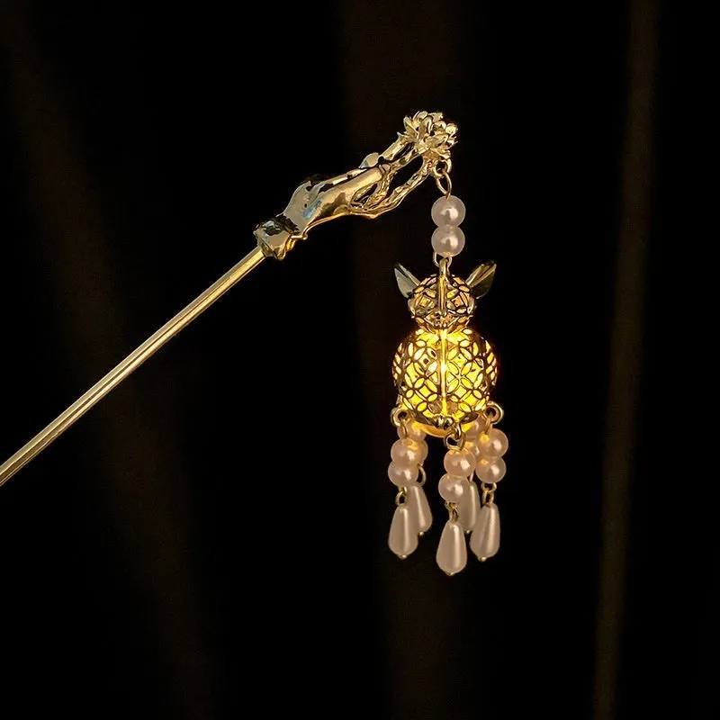 Ancient style light-emitting hairpin with dangling ornament in retro crown shape, electroplated alloy