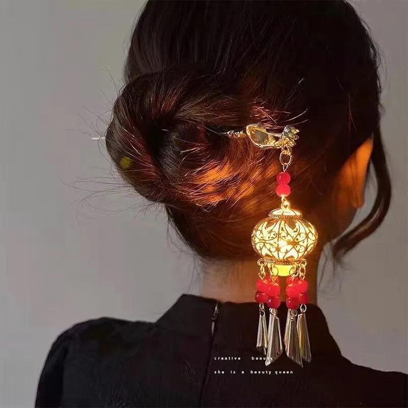 Ancient style light-emitting hairpin with dangling ornament in retro crown shape, electroplated alloy