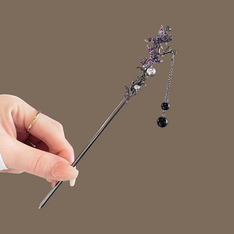 Four Seasons green leaf tassel hanfu hairpin with pearl alloy rhinestones, retro classical style, approximately 18cm long