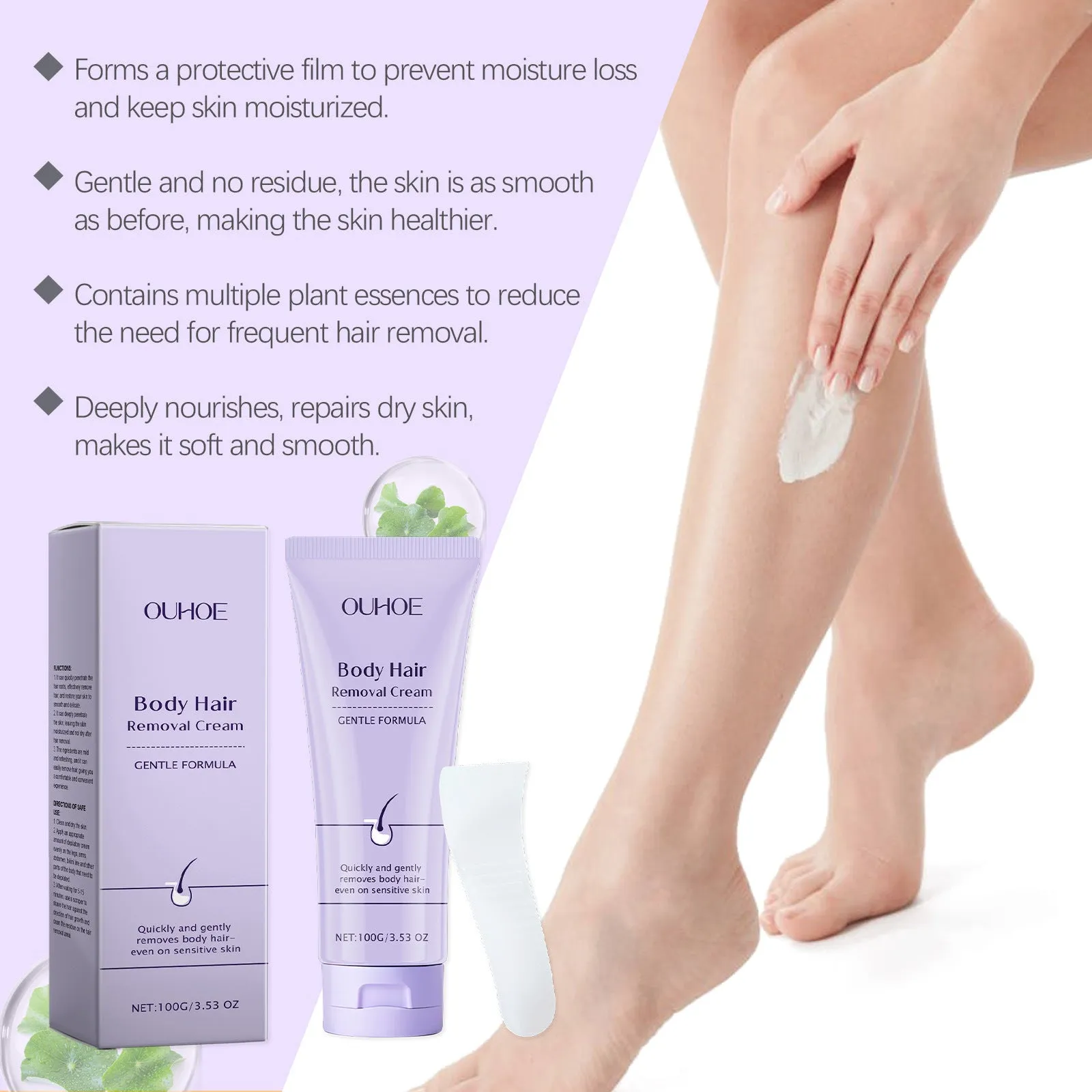 Ouhoe Gentle Body Depilatory Cream 100g tube with scraper for mild hydrating hair removal