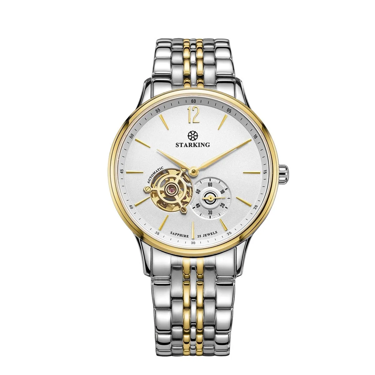 Men's automatic mechanical watch with brown leather strap and white dial on stainless steel case.
