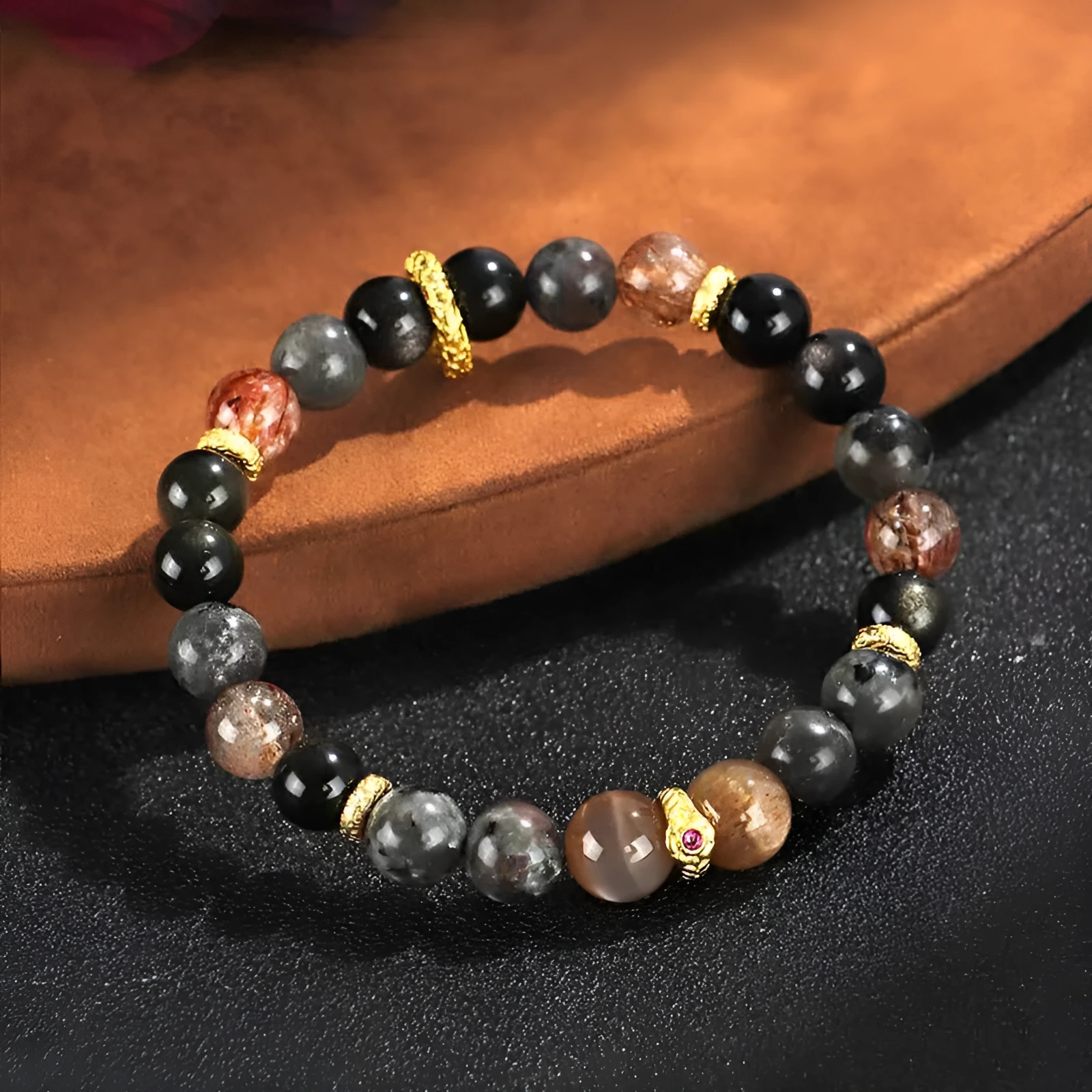Black Sunstone and flame stone couple bracelet with manual craftsmanship for unisex wear