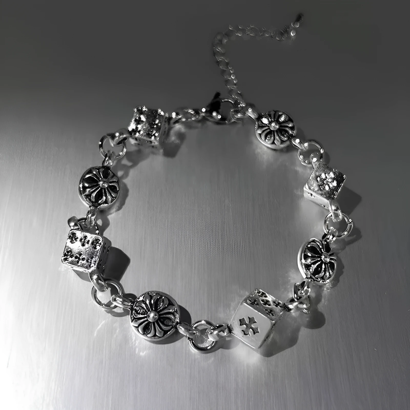 Silver titanium steel dice bracelet 20cm unisex retro electroplated chain bracelet with cross and diamond elements