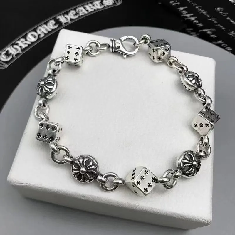 Silver titanium steel dice bracelet 20cm unisex retro electroplated chain bracelet with cross and diamond elements