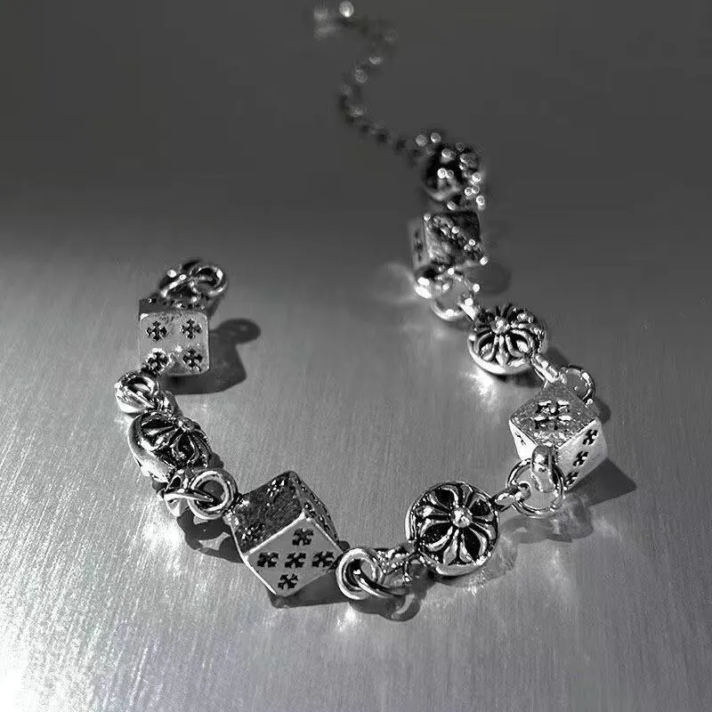 Silver titanium steel dice bracelet 20cm unisex retro electroplated chain bracelet with cross and diamond elements