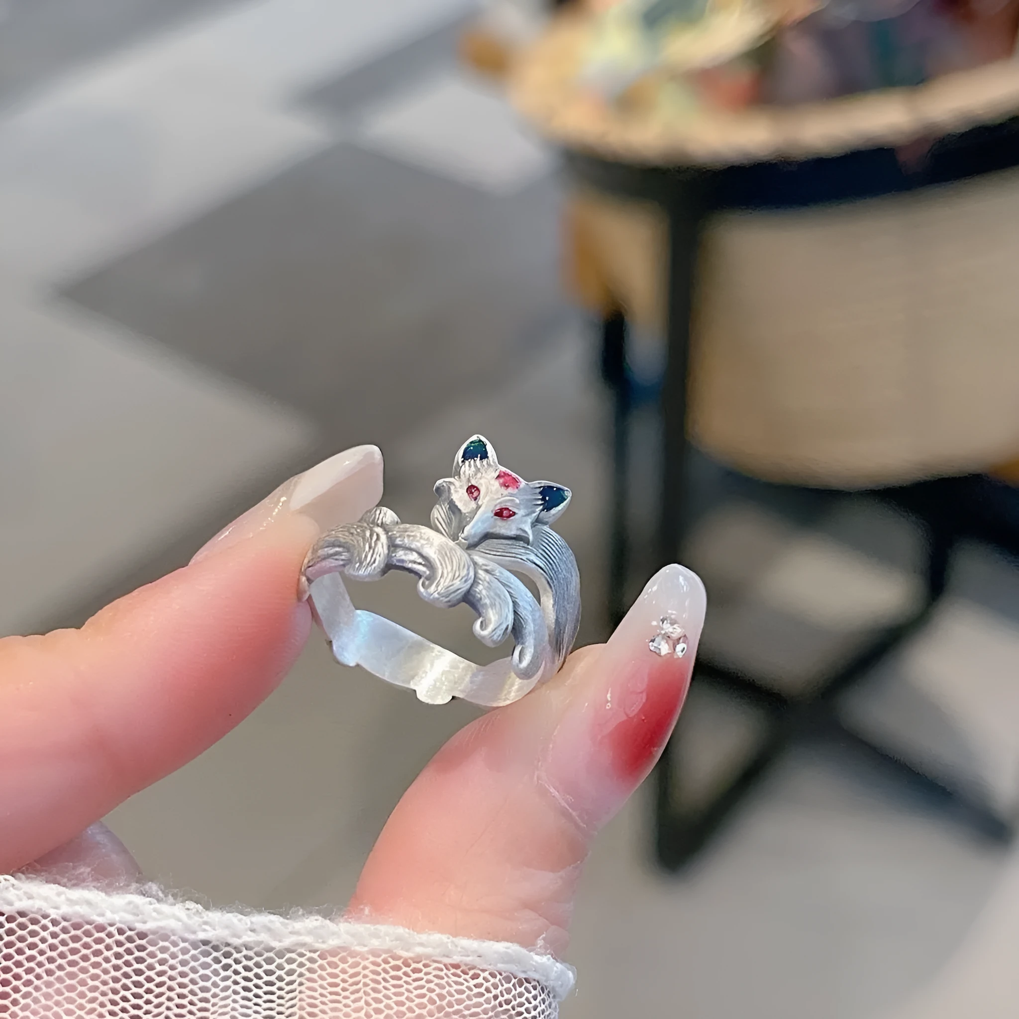 Zinc alloy open mouth ring M1307 peach blossom fox colour vintage nine tail spirit motif female accessory
